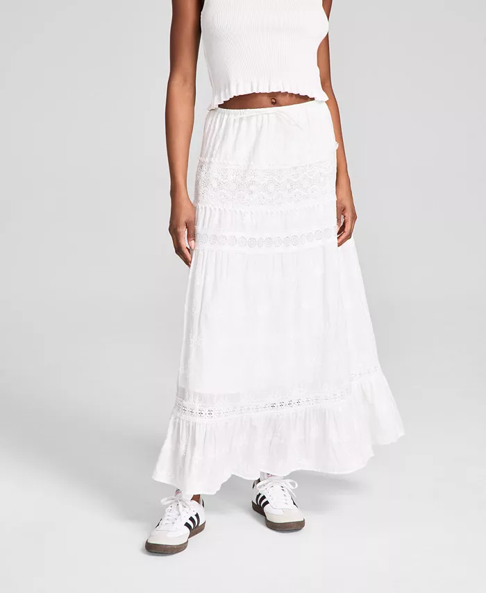 And Now This Women's Embroidered Cotton Lace-Trim Tiered Maxi Skirt Exclusively At Macy's Women's Fashion Shoes & Accessories