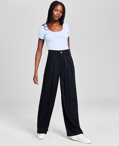 And Now This Women's Pleat-Front Wide-Leg Soft Pants Regular & Petites Women's Fashion Shoes & Accessories