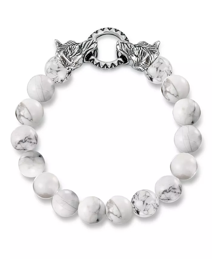Andrew Charles By Andy Hilfiger Men's Tiger's Eye Bead Wolf Head Stretch Bracelet In Stainless Steel (Also In Onyx & White Agate) Jewelry & Watches