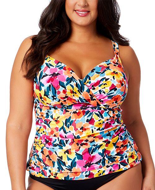 Anne Cole Plus Size Floral-Print Surplice Underwire Tankini Top Women's Fashion Shoes & Accessories