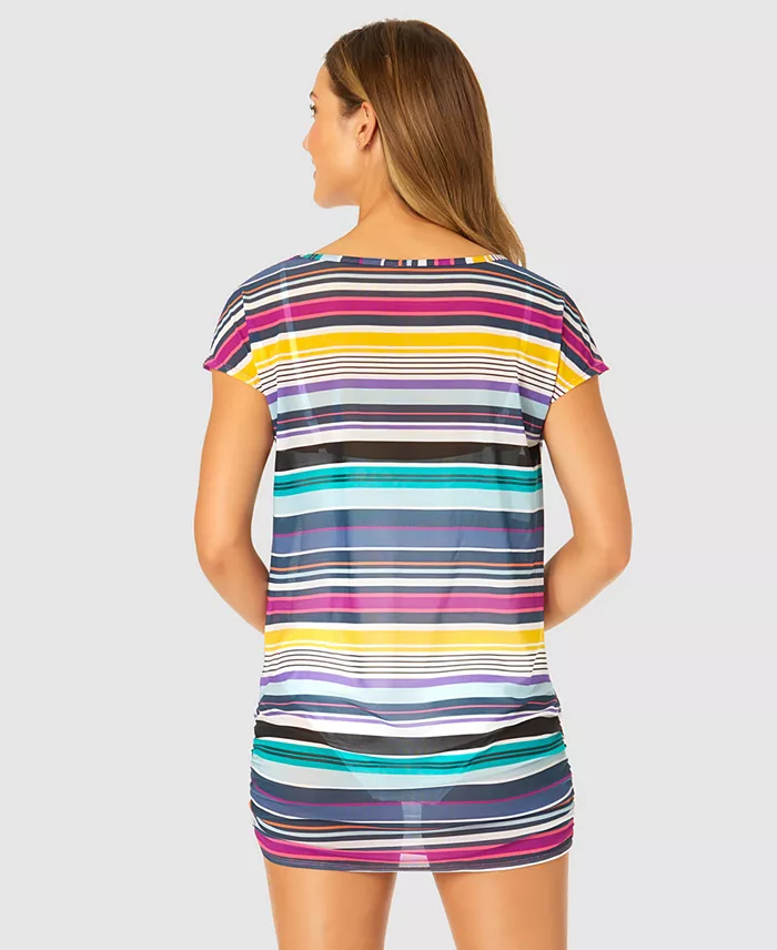 Anne Cole Women's Barcode Stripe Mesh T-Shirt Swim Cover-Up Women's Fashion Shoes & Accessories