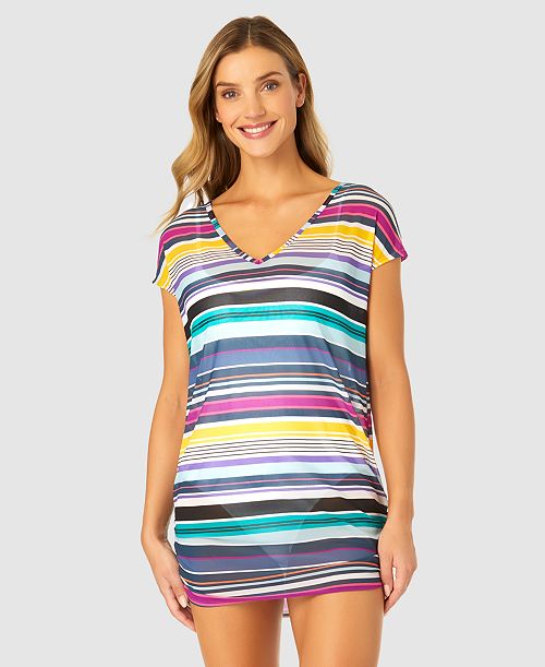 Anne Cole Women's Barcode Stripe Mesh T-Shirt Swim Cover-Up Women's Fashion Shoes & Accessories
