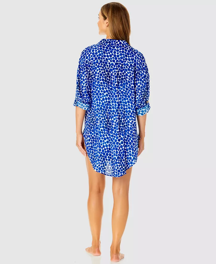 Anne Cole Women's Denim Dot Shirt Swim Cover-Up Women's Fashion Shoes & Accessories