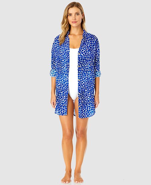 Anne Cole Women's Denim Dot Shirt Swim Cover-Up Women's Fashion Shoes & Accessories