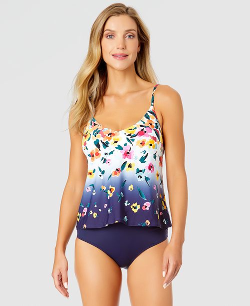 Anne Cole Women's Floral Ombré V-Neck Tankini Top & High-Waist Bikini Bottoms Women's Fashion Shoes & Accessories