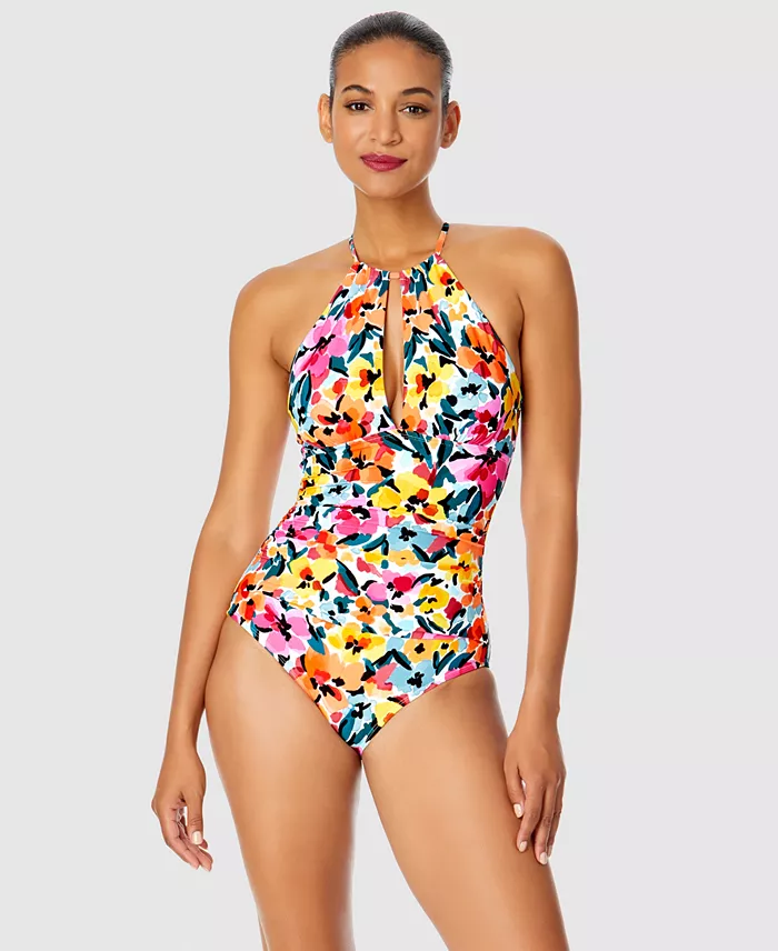 Anne Cole Women's Floral-Print High-Neck One-Piece Swimsuit Women's Fashion Shoes & Accessories