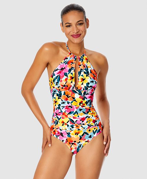 Anne Cole Women's Floral-Print High-Neck One-Piece Swimsuit Women's Fashion Shoes & Accessories