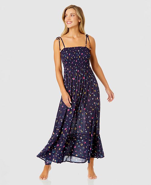 Anne Cole Women's Floral-Print Smocked Maxi Dress Swim Cover-Up Women's Fashion Shoes & Accessories