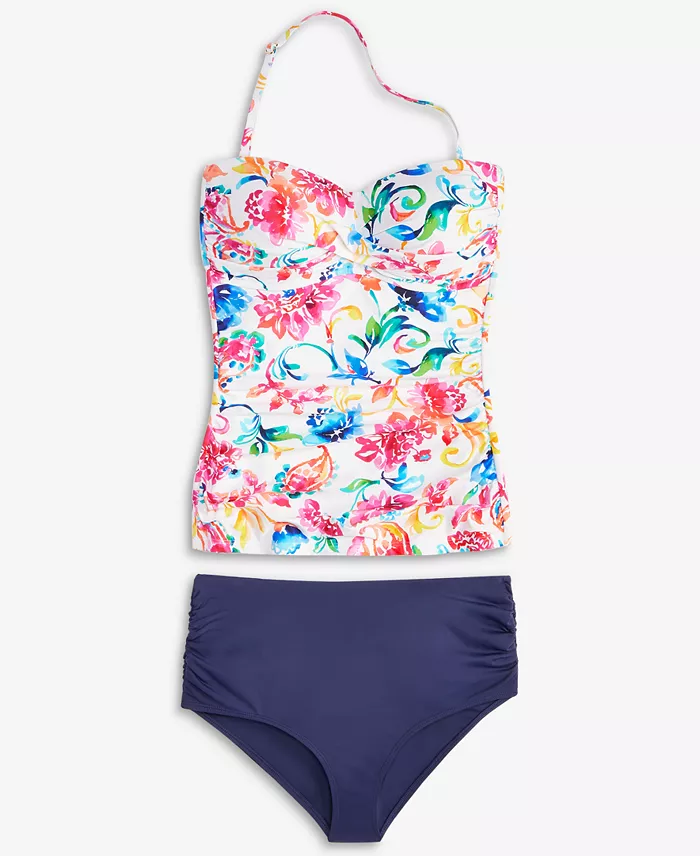 Anne Cole Women's Watercolor Paisley Twist-Front Bandeau Tankini Top & High-Waist Bikini Bottoms Women's Fashion Shoes & Accessories