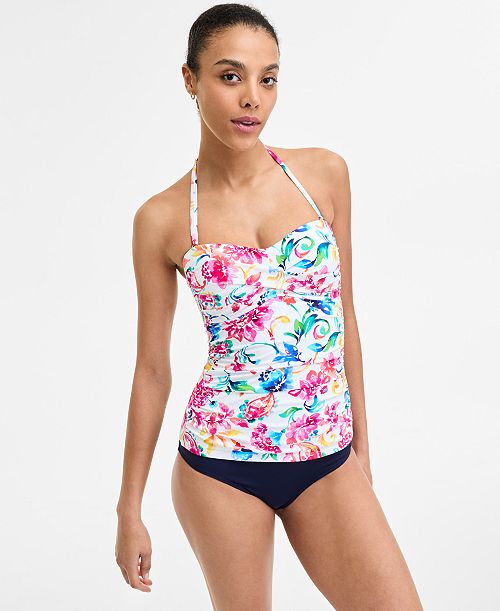 Anne Cole Women's Watercolor Paisley Twist-Front Bandeau Tankini Top & High-Waist Bikini Bottoms Women's Fashion Shoes & Accessories