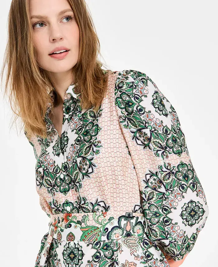 Anne Klein Petite Printed Long-Sleeve Tie-Waist Dress Women's Fashion Shoes & Accessories