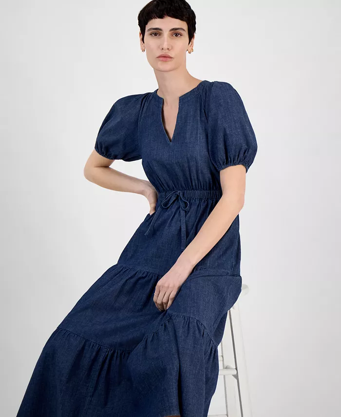 Anne Klein Petite Puff-Sleeve Tiered Denim Midi Dress Women's Fashion Shoes & Accessories