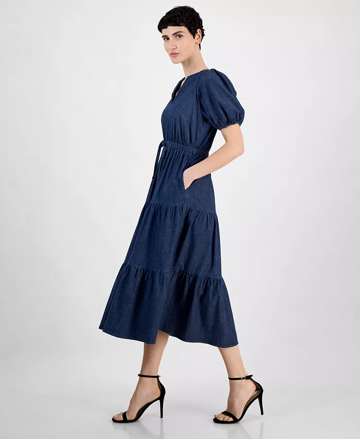 Anne Klein Petite Puff-Sleeve Tiered Denim Midi Dress Women's Fashion Shoes & Accessories