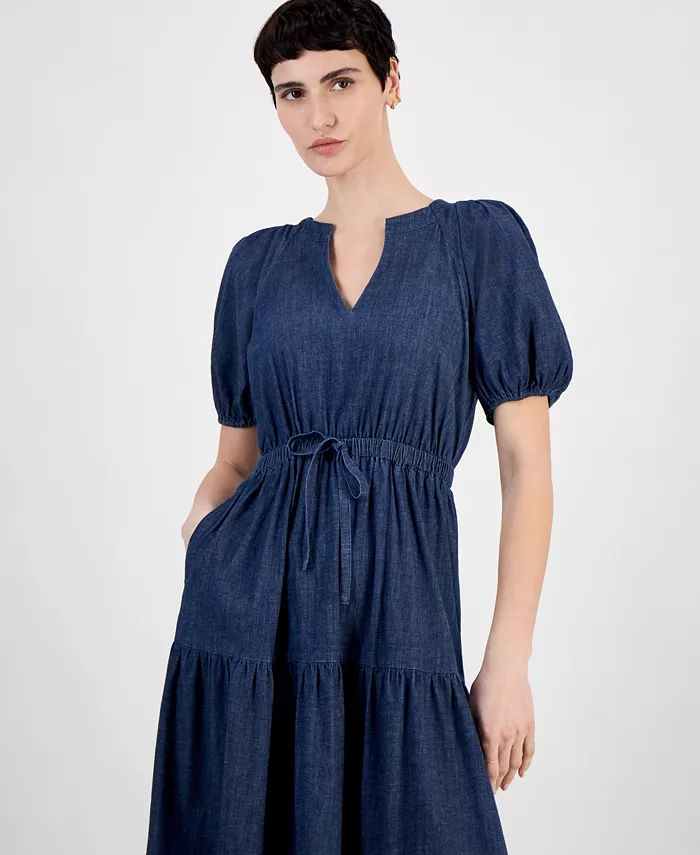 Anne Klein Petite Puff-Sleeve Tiered Denim Midi Dress Women's Fashion Shoes & Accessories
