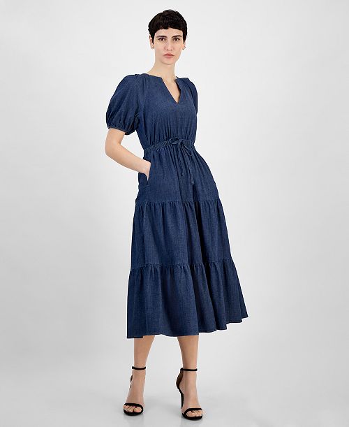 Anne Klein Petite Puff-Sleeve Tiered Denim Midi Dress Women's Fashion Shoes & Accessories
