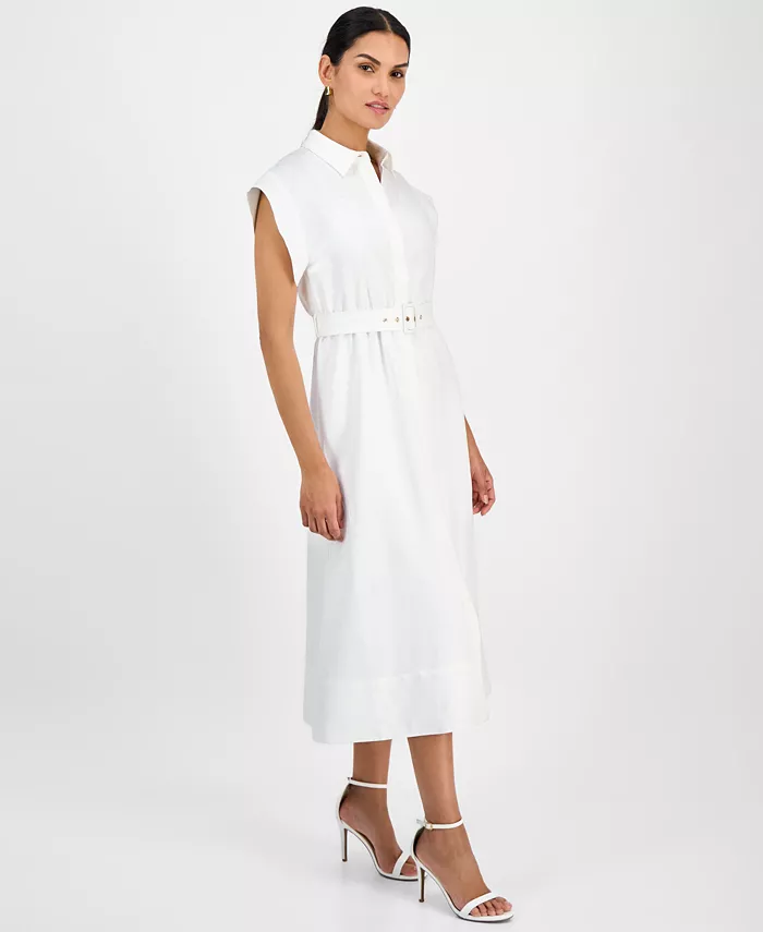 Anne Klein Women's Belted Drop-Sleeve Shirtdress Women's Fashion Shoes & Accessories