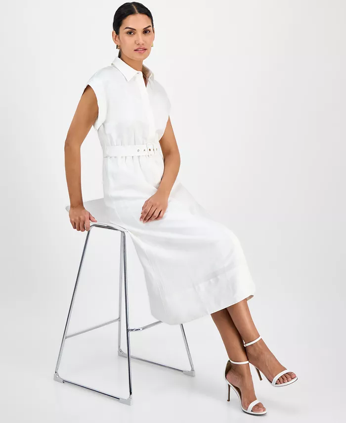 Anne Klein Women's Belted Drop-Sleeve Shirtdress Women's Fashion Shoes & Accessories