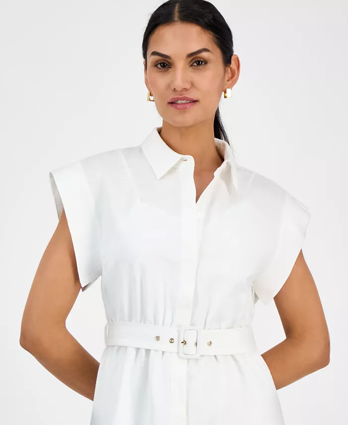 Anne Klein Women's Belted Drop-Sleeve Shirtdress Women's Fashion Shoes & Accessories