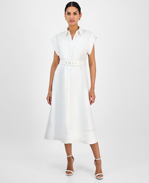 Anne Klein Women's Belted Drop-Sleeve Shirtdress Women's Fashion Shoes & Accessories