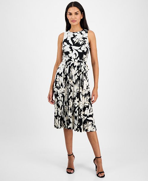 Anne Klein Women's Belted Floral-Print Dress Women's Fashion Shoes & Accessories