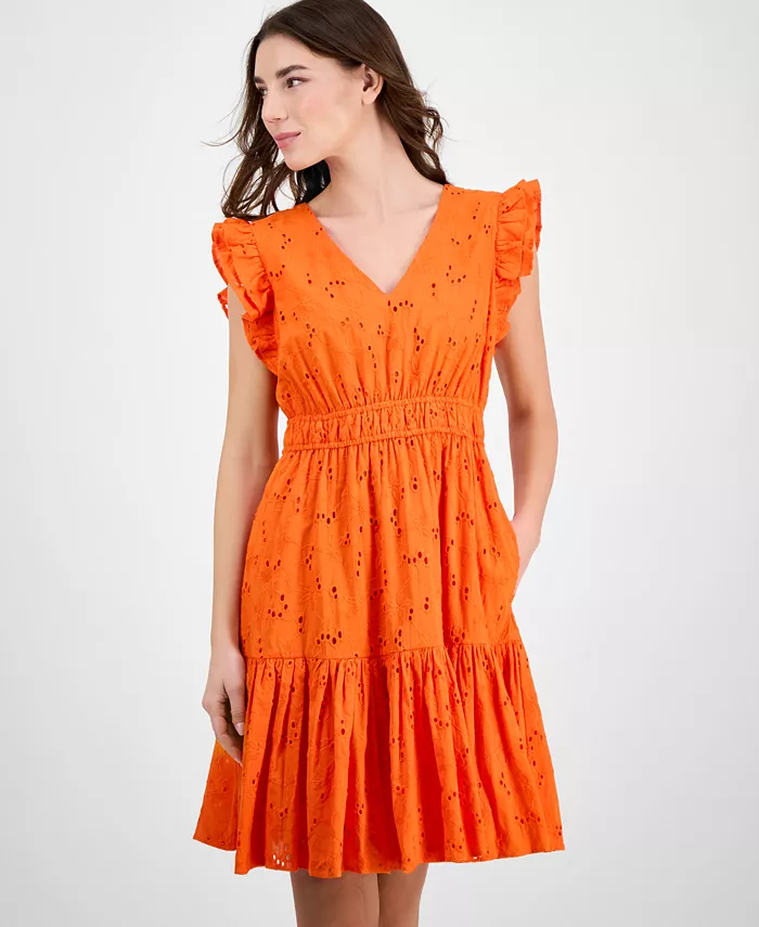 Anne Klein Women's Cotton Eyelet Drawstring-Waist Dress Women's Fashion Shoes & Accessories