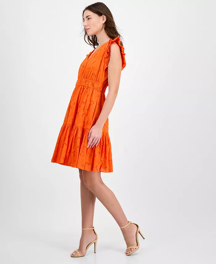 Anne Klein Women's Cotton Eyelet Drawstring-Waist Dress Women's Fashion Shoes & Accessories