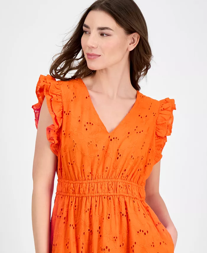 Anne Klein Women's Cotton Eyelet Drawstring-Waist Dress Women's Fashion Shoes & Accessories