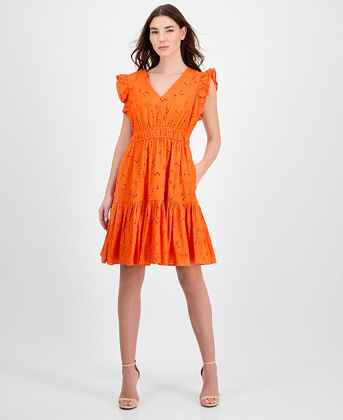 Anne Klein Women's Cotton Eyelet Drawstring-Waist Dress Women's Fashion Shoes & Accessories