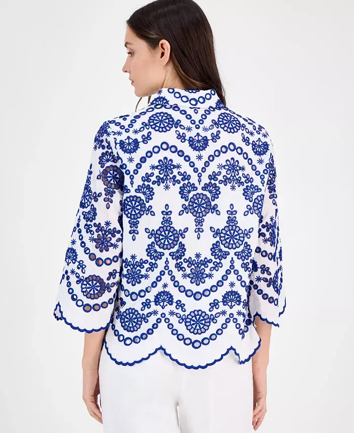 Anne Klein Women's Cotton Eyelet Scalloped Shirt Women's Fashion Shoes & Accessories