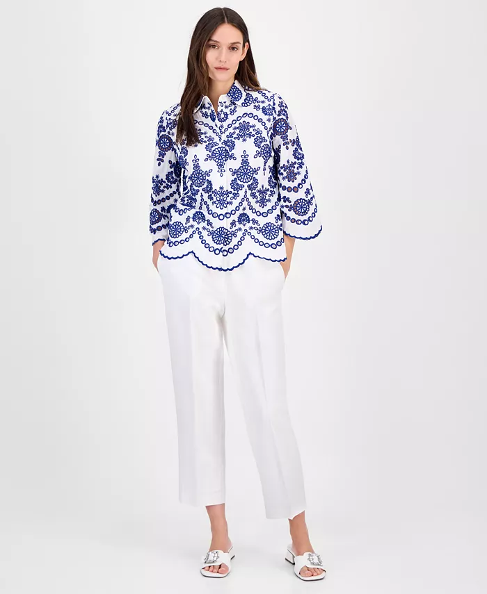 Anne Klein Women's Cotton Eyelet Scalloped Shirt Women's Fashion Shoes & Accessories