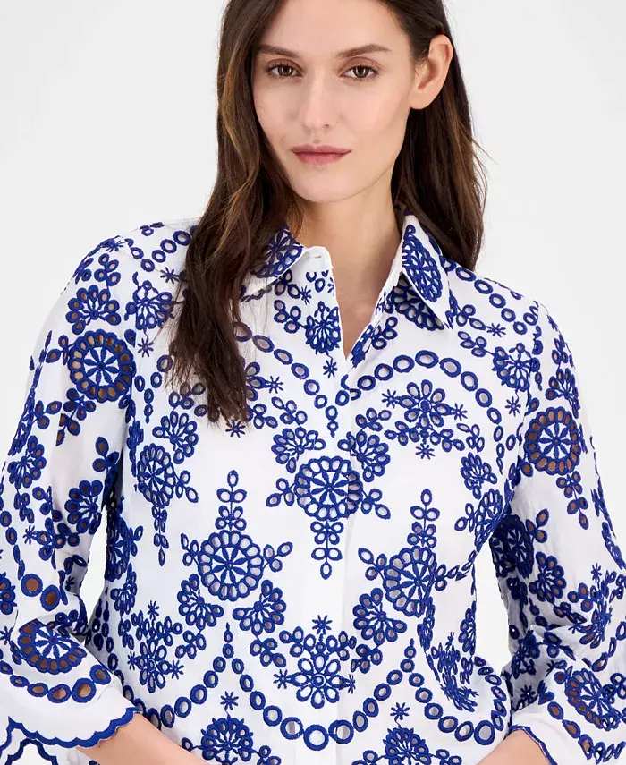 Anne Klein Women's Cotton Eyelet Scalloped Shirt Women's Fashion Shoes & Accessories