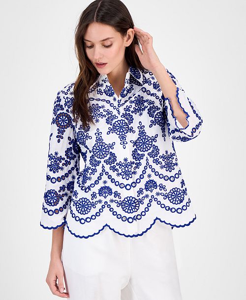 Anne Klein Women's Cotton Eyelet Scalloped Shirt Women's Fashion Shoes & Accessories