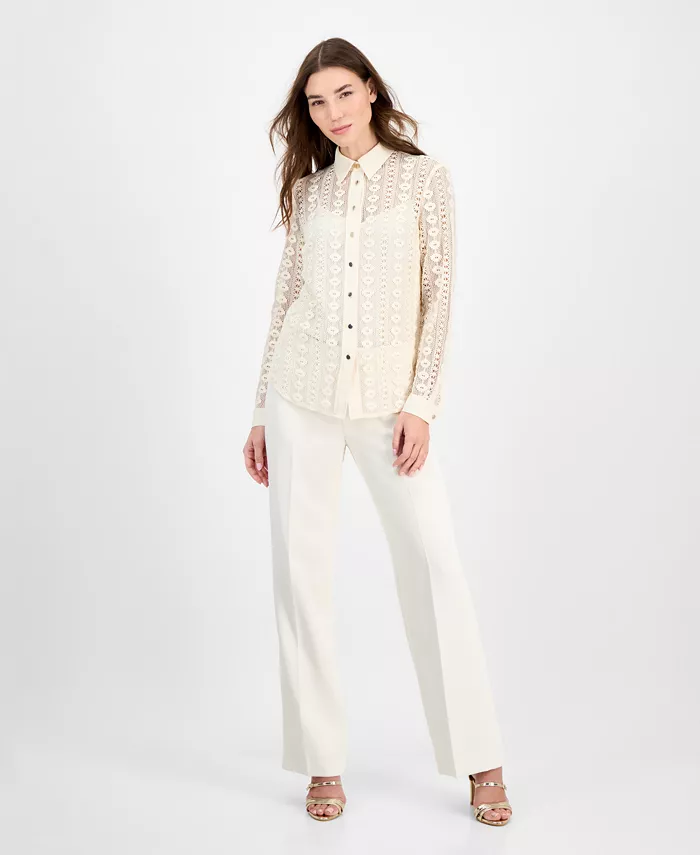 Anne Klein Women's Cotton Long-Sleeve Crochet Shirt Women's Fashion Shoes & Accessories