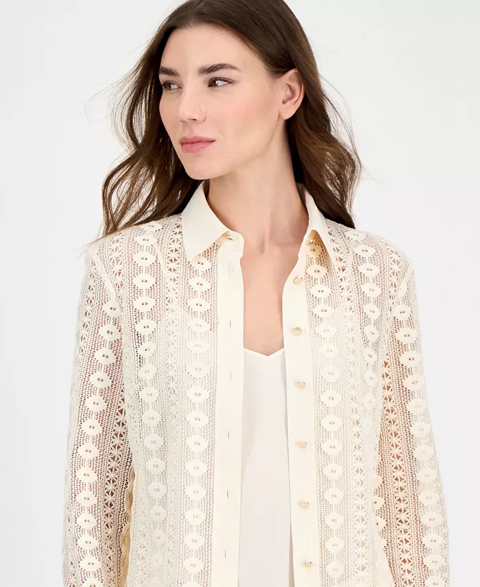 Anne Klein Women's Cotton Long-Sleeve Crochet Shirt Women's Fashion Shoes & Accessories