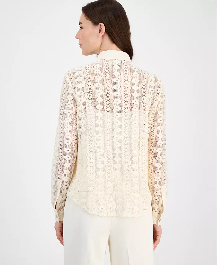 Anne Klein Women's Cotton Long-Sleeve Crochet Shirt Women's Fashion Shoes & Accessories