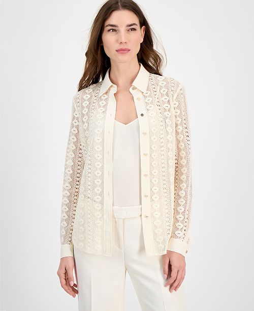 Anne Klein Women's Cotton Long-Sleeve Crochet Shirt Women's Fashion Shoes & Accessories