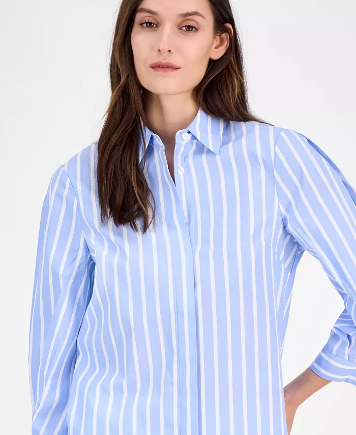 Anne Klein Women's Cotton Poplin Striped 3/4-Sleeve Blouse Women's Fashion Shoes & Accessories