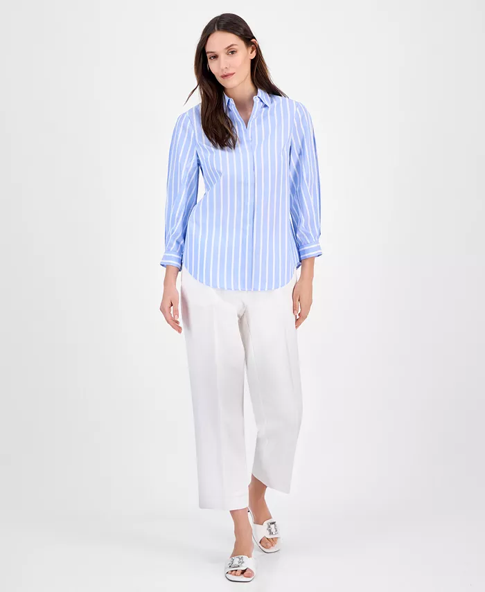 Anne Klein Women's Cotton Poplin Striped 3/4-Sleeve Blouse Women's Fashion Shoes & Accessories