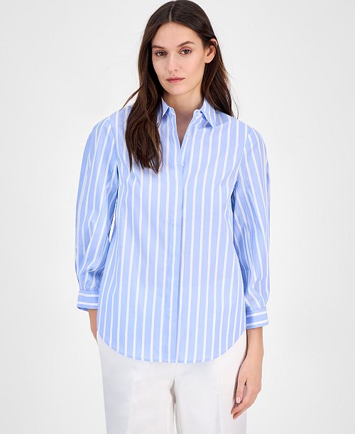 Anne Klein Women's Cotton Poplin Striped 3/4-Sleeve Blouse Women's Fashion Shoes & Accessories