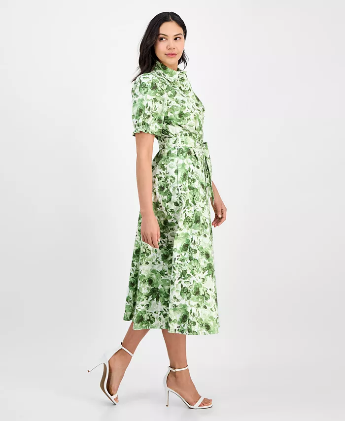 Anne Klein Women's Cotton Puff-Sleeve Belted Shirtdress Women's Fashion Shoes & Accessories