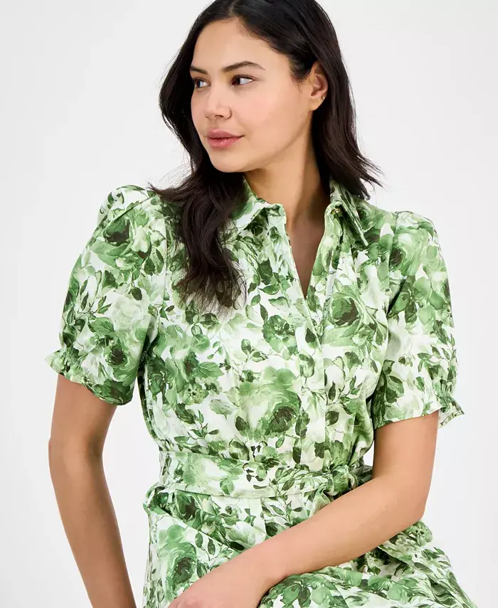 Anne Klein Women's Cotton Puff-Sleeve Belted Shirtdress Women's Fashion Shoes & Accessories