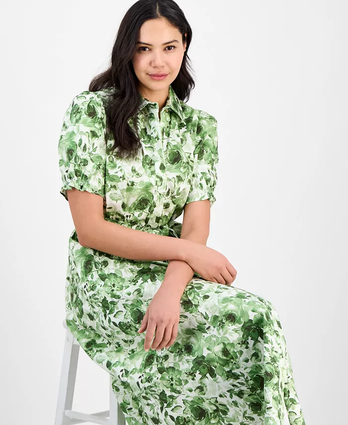 Anne Klein Women's Cotton Puff-Sleeve Belted Shirtdress Women's Fashion Shoes & Accessories