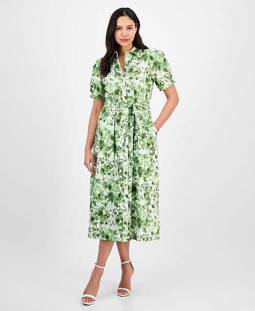 Anne Klein Women's Cotton Puff-Sleeve Belted Shirtdress Women's Fashion Shoes & Accessories