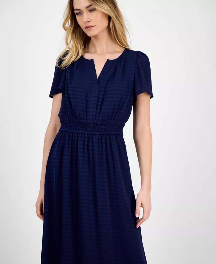 Anne Klein Women's Elastic-Waist Short-Sleeve Midi Dress Women's Fashion Shoes & Accessories