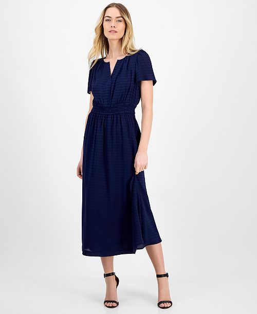 Anne Klein Women's Elastic-Waist Short-Sleeve Midi Dress Women's Fashion Shoes & Accessories
