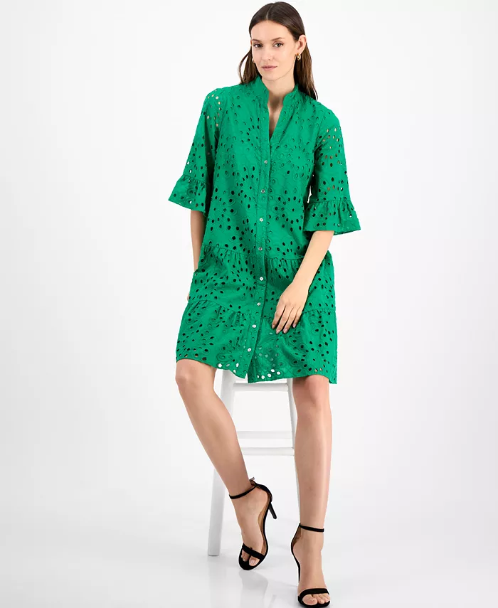 Anne Klein Women's Eyelet Embroidered Cotton Flare-Sleeve Shirtdress Women's Fashion Shoes & Accessories