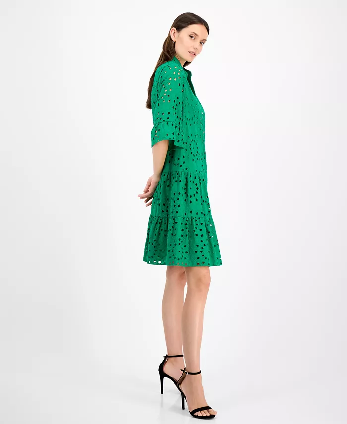 Anne Klein Women's Eyelet Embroidered Cotton Flare-Sleeve Shirtdress Women's Fashion Shoes & Accessories