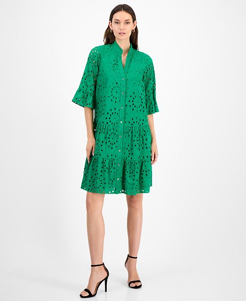 Anne Klein Women's Eyelet Embroidered Cotton Flare-Sleeve Shirtdress Women's Fashion Shoes & Accessories