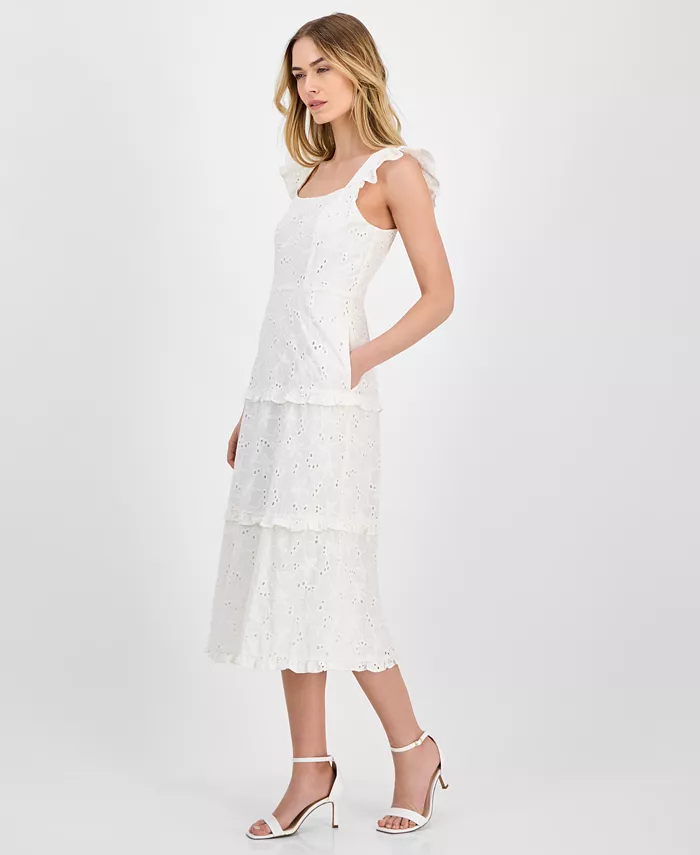 Anne Klein Women's Eyelet Square-Neck Tiered Midi Dress Women's Fashion Shoes & Accessories