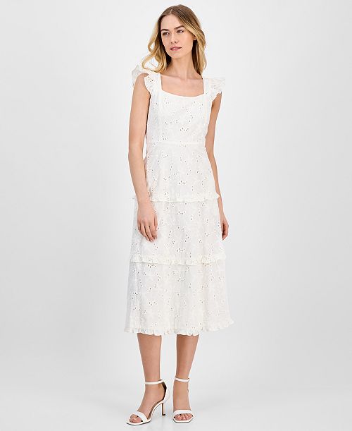 Anne Klein Women's Eyelet Square-Neck Tiered Midi Dress Women's Fashion Shoes & Accessories